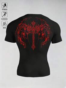 Acti Log Men's Gothic Print Raglan Short Sleeve Sports T-Shirt Compression Shirt Men, Gym - Black - View 2