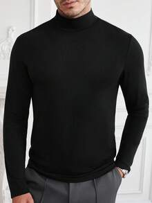 Core Aspect Tricou bărbătesc casual cu guler înalt, culoare solidă, mânecă lungă, versatil pentru toamnă/iarnă - Negru - Vizualizare 7