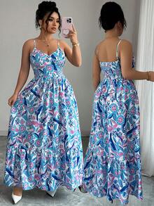 SHEIN Elenzya 女士大码梭织印花优雅吊带连衣裙 - 藍色 - 查看 1
