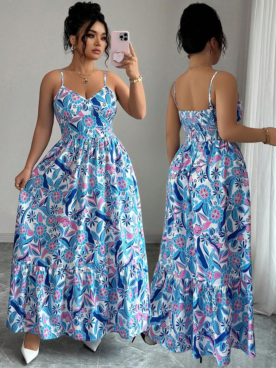 SHEIN Elenzya 女士大码梭织印花优雅吊带连衣裙 - 藍色 - 查看 1