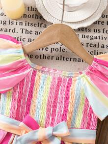 SHEIN Newborn Baby Girl Vacation Casual Pink Striped Short Sleeve Romper With Belt - Multicolor - View 5