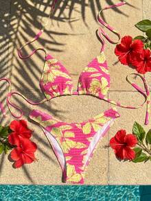 Swim Mod 女士随机印花细肩带两件式比基尼泳衣，夏季海滩度假装 - 彩色 - 查看 4