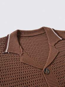 Manfinity KASUA Men's Contrast Stripe Short Sleeve Hollow Out Knit Top And Shorts Set,Summer Crochet Men S Short Set Men Vacation Short Sets Men Two Piece Casual Short Sets Knitted Two Piece Outfit Men Men 2 Piece Set Knit Two Piece Set Men Men Crochet Set Mens Matching Set Brown Sets For Men - Brown - View 7