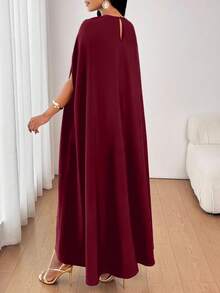 SHEIN Lady 女式拼接圆形亮片网眼蝙蝠袖宽松时尚连衣裙 - 酒紅色 - 查看 2