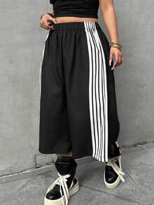 POPSWAY 大码女式休闲条纹印花阔腿七分裤 - 黑與白 - 查看 6