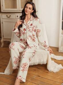 Serenescape Vacation Style Women Floral Print Bubble Collar Cardigan Long Sleeve Pajama Set - Apricot - View 3