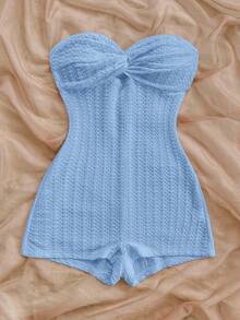 SHEIN PETITE CURVE Plus Size Women's Solid Color Twist Design Casual Romper - Baby Blue - View 6