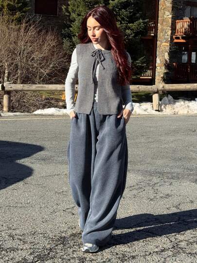 Abrilcols Grey Autumn Outfit For Women Grey Lace-Up Woolen Vest Can Be Worn In Two Ways: Front And Back Woolen Vest With Front Slit Bowknot Knitted Vest Winter
