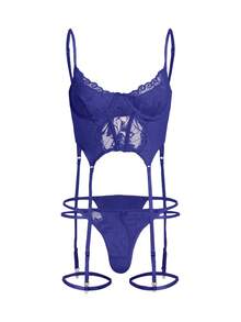 SHEIN 2pcs/Set Women's Sexy Solid Color Lace Sheer Corset - Purple - View 10