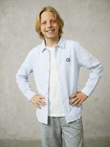 Casuvi Kids 1pc Blue & White Striped Casual Shirt For Teenagers (Boys), With Delicate CA Embroidered Pattern On Chest, Fashionable Woven Label On Back, Suitable For School, Commute, Weekend Gatherings, And Casual Lifestyle Boys Striped Shirt Royal Blue And White Boys Shirt Boys Preppy Tops - Blue and White - View 1