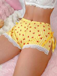 PetitDoll 1件女童甜美樱桃条纹蝴蝶结装饰开裆内裤 - 黃色 - 查看 6