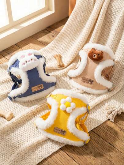 PETSIN Dog Winter Chest Harness Leash Set, Autumn And Winter Vest-Style Warm Cat Chest Harness Leash, Soft Warm Windproof Cold-Resistant Pet Chest Harness Leash With Floral Pattern Design, Suitable For Small Pets Outdoor Travel - Available In 3 Colors: Yellow/Brown/Blue, Without Battery, Dog Winter Coat For Small Dog, Dog Coat For Small Dog, Dog Winter Coat Small, Dog Coat For Medium Dog, Dog Leash/Harness, Dog Leash For Small Dogs, Dog Accessory