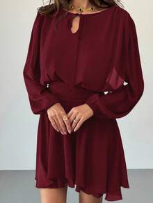 Aloruh 梅紫色浪漫约会音乐节系带长袖荷叶边迷你连衣裙（女款） - 酒紅色 - 查看 8