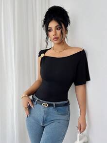 Elenzga Asymmetrical Asymmetric Shoulder Design Slim Fit Women T-Shirt - Black - View 5