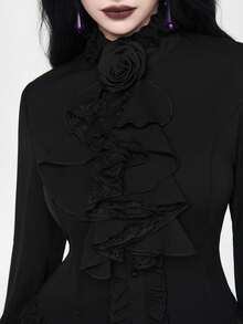 ROMWE EDITION 哥特风蕾丝喇叭袖下摆女式衬衫，适合万圣节装扮 - 黑色 - 查看 6