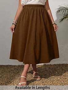 SHEIN PETITE CURVE Plusstorlek Enfärgad Elastisk Midja Swing Lös Sommarmode All-Match Kjol - Brun - Visa 6