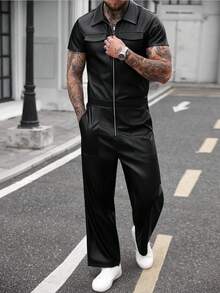 Manfinity CasualCool 男士牛仔背带裤，时尚宽松连体裤，带口袋，粉色，男女皆宜，情人节服装，情人节礼物 - 黑色 - 查看 5