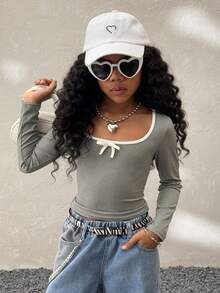 Coolane Kids 芭蕾舞风格蝴蝶结修身女士T恤 简约时尚休闲日常秋季少女服装 - 灰色 - 查看 3