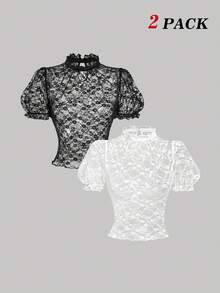 SHEIN MOD Bộ 2 áo tay ngắn cổ ren xuyên thấu lãng mạn màu đen trắng, thích hợp mặc mùa hè, mùa xuân, dự tiệc trà, hẹn hò, trang phục lễ hội, ngày Valentine, quần áo mùa xuân, đi chơi, xuân/hè, áo dự tiệc, áo ren, Valentine, sang trọng, trang phục sinh nhật. - Đen và trắng - Xem 2