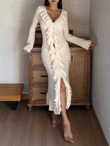 DAZY Vacation Style Textured Hollow-Out Fabric Ruffled Hem Women Sleepwear Robe - White - View 8