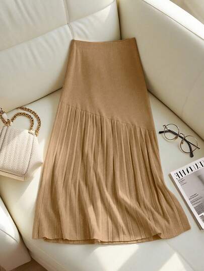 Franclia New Pleated Patchwork Knitted High Waist Slimming Midi A-Line Skirt, Casual Women Sweater Skirt