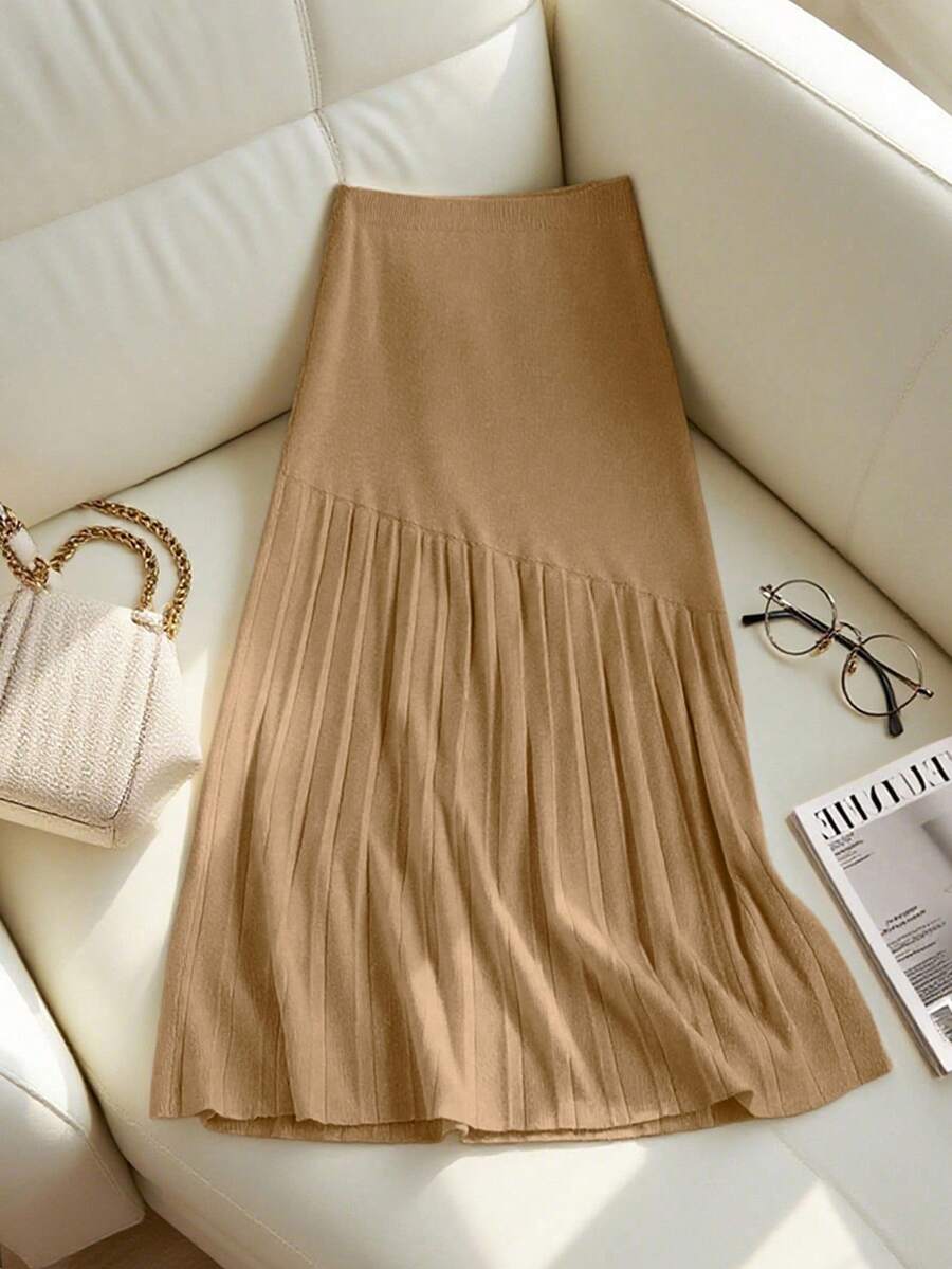 Franclia New Pleated Patchwork Knitted High Waist Slimming Midi A-Line Skirt, Casual Women Sweater Skirt - Ginger - View 1