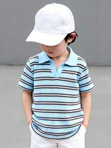 SHEIN Genkimix Kids 1件男童休闲学院风华夫格条纹针织V领polo衫，适合春夏穿着。适合上学和居家穿着。 - 藍色 - 查看 4