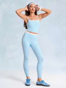 GLOWMODE FeatherFit™ Soft Start Buttery-Soft Contrasting Seams 2-Piece Spaghetti-Strap Tank Top Low Impact Yoga Studio Daily Casual Wear Removable Cups - Blue - View 7