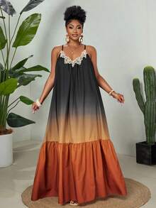 Eryvara 女士渐变印花性感浪漫优雅长裙，春夏度假休闲连衣裙，沙滩裙，V领蕾丝边饰，露背连衣裙，情人节装扮，生日礼服，春夏A字宽松超长连衣裙