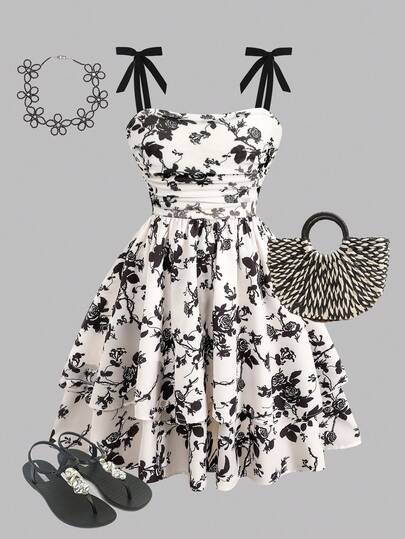 Girlism Tween Girls' Black & White Floral Print Ruched Waist A-Line Dress With Contrast Bow Strap, Suitable For Outings And Vacation, Spring/Summer Cute Dress Floral Dress Bow Dress Summer Dress