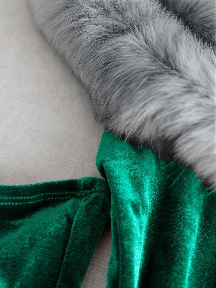 Franclia 女士仿毛皮领鱼尾下摆修身优雅时尚连衣裙 - 墨綠色 - 查看 3