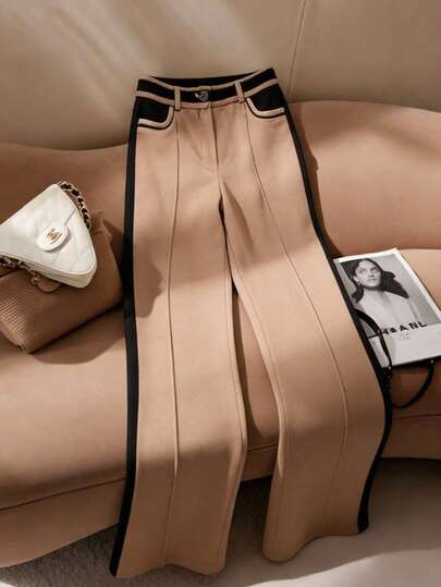 Franclia 女士纯色撞色宽松西装裤，卡其色，适合日常通勤、休闲穿着，秋冬季款