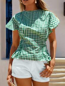 Vivid Eden Women's Round Neck Ruffle Sleeve Waist Pleated Plaid Blouse,Summer Outfit For Women,Summer,Summer Tops,Vacation,Women Plaid  Casual Shirt,Summer Check Green,Green Plaid Round Neck Cap Sleeve Elastic Waist Ruffle Blouse,Vacation,Vacation Style,Summer Beach Outfits, Preppy Tops, Peplum Top Women, Checkered Top, Green Top Women, Gingham Top, Summer Shirts Woman, Green Shirt Women,Spring To Summer - Green - View 1