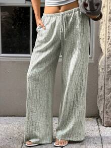 FavEase بنطلون نسائي كاجوال مستقيم الساق مع جيوب وخصر مطاطي وسحاب - أخضر - مشاهدة 3