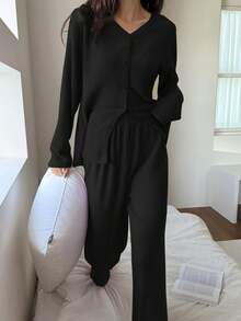 DAZY 2pcs Women Casual Striped Textured Fleece Cardigan And Pants Pajama Set, Spring - Black - View 5