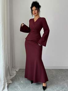 SHEIN Elenzya Women's Elegant Long Red Dress, New Year Dress, New Year Outfit, Thanksgiving Outfit, Elegant Party Dress, Long Party Dress, Wedding Guest Dress, Fashion Wedding Evening Gown - Burgundy - View 3