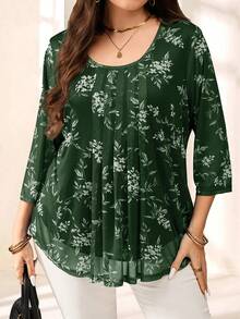 Miaspire Plus Size Women's Elegant Dark Green Floral Print 3/4 Sleeve Blouse,Autumn Everyday Casual Vacation Spring Break Holiday Fashionable Top - Green - View 5