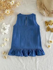 SHEIN 可爱女童宽松荷叶边无袖蓝色休闲连衣裙，夏季 - 彩色 - 查看 2