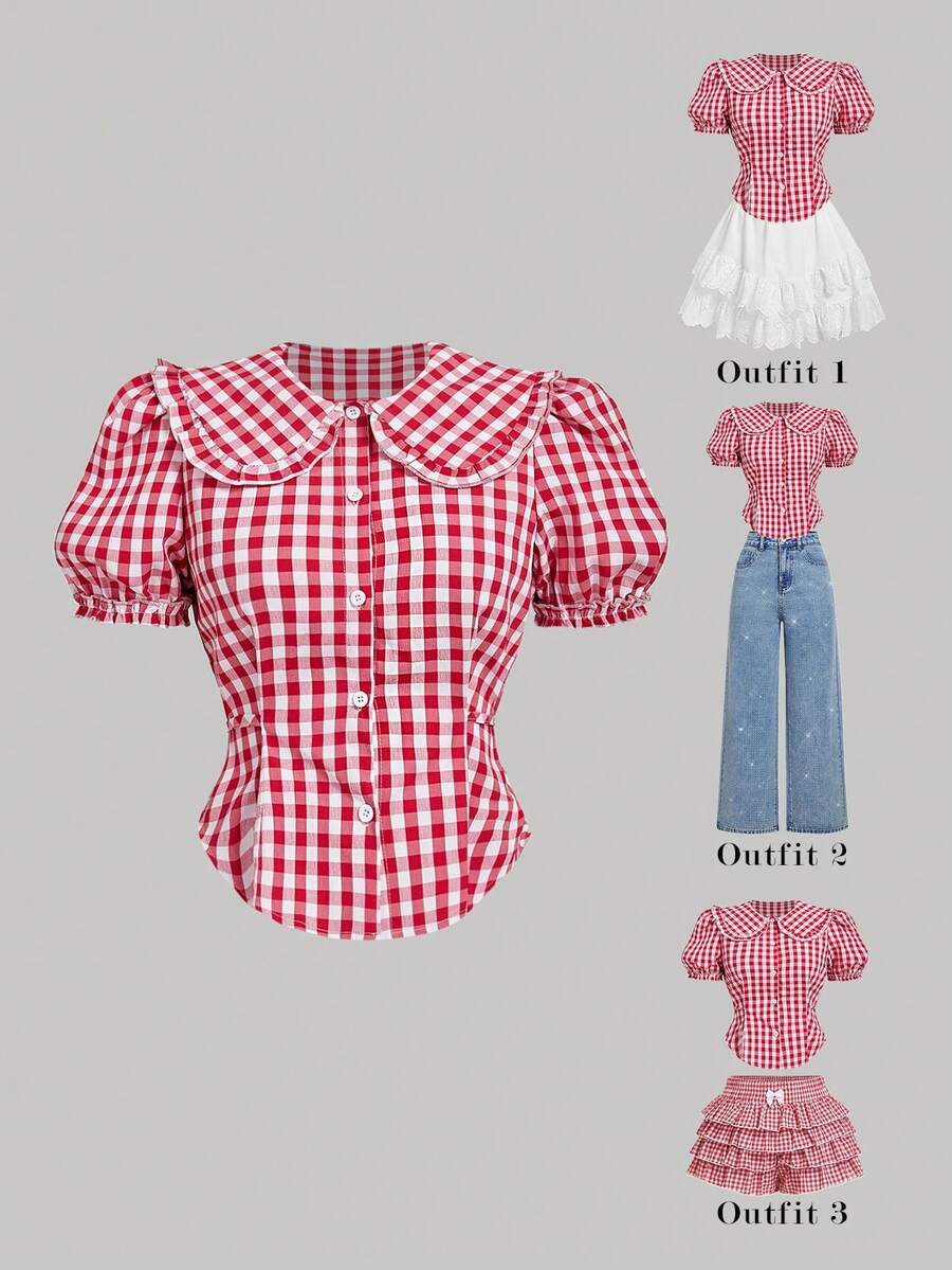 SHEIN MOD 红白格子彼得潘领系带泡泡袖衬衫