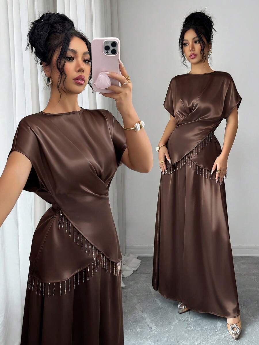 Rafferiza Women's Elegant Tassel Criss-Cross Satin A-Line Skirt + Short Sleeve Top 2-Piece Set - Brown - View 1