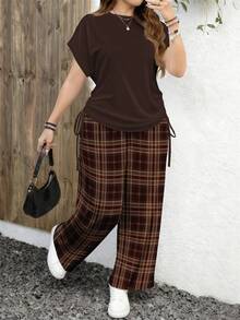 EMERY ROSE Conjunto casual minimalista de 2 piezas con estampado de cuadros retro y estampado de leopardo, adecuado para festivales de música - Multicolor - Ver 1