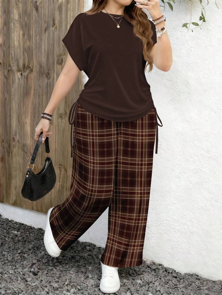 EMERY ROSE Conjunto casual minimalista de 2 piezas con estampado de cuadros retro y estampado de leopardo, adecuado para festivales de música - Multicolor - Ver 1