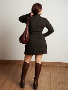 Lupita Cardoza 秋冬休闲纯色立领喇叭袖修身毛衣连衣裙 - 深灰色 - 查看 2