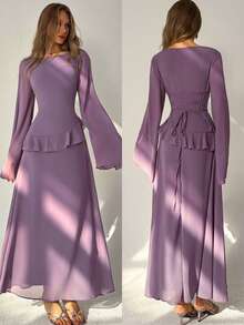 Aloruh 女士优雅露肩喇叭袖荷叶边腰部系带露背连衣裙，灰紫色 - 淺灰紫 - 查看 3