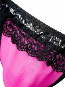 WENEZON Calzoncillos sexy para hombres con parches de encaje de color contrastante y decoración de moño - Rosa Fucsia - Ver 5