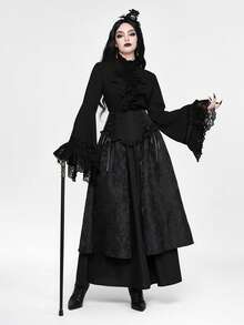 ROMWE EDITION 哥特风蕾丝喇叭袖下摆女式衬衫，适合万圣节装扮 - 黑色 - 查看 7