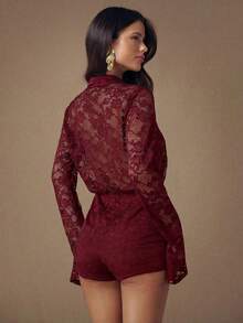 SHEIN BAE Bộ áo liền quần ren cổ khoét sâu màu trơn gợi cảm thời trang dành cho nữ - Màu Đỏ Sâu - Xem 2