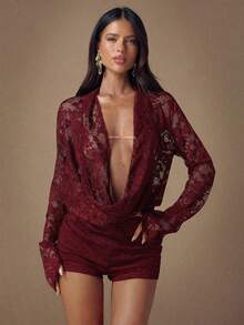 SHEIN BAE Bộ áo liền quần ren cổ khoét sâu màu trơn gợi cảm thời trang dành cho nữ - Màu Đỏ Sâu - Xem 5