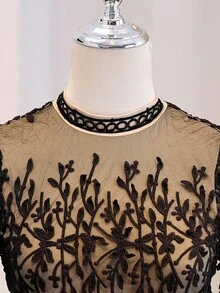 Tween Girl Floral Embroidery Mesh Splice Elegant Party Dress With Stand Collar - Black - View 4