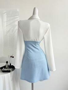 Sweetra 初秋甜辣时尚轻盈性感修身纹理面料A字迷你连衣裙（女款） - 藍色 - 查看 2